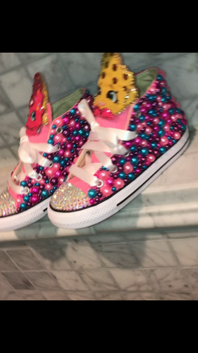 Girls Custom Bling Toe & Pearl sides Character shoes